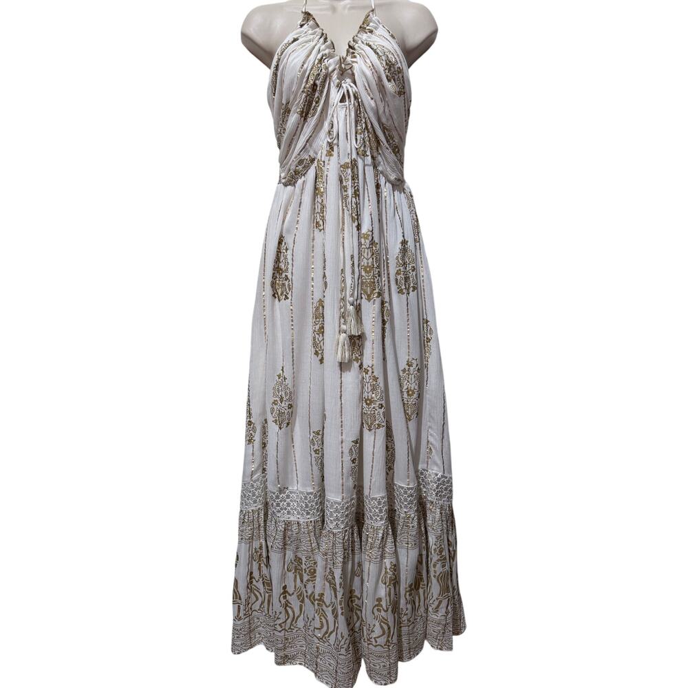 One Size Ananta White with Gold Metallic Maxi Dress with Halter Top
